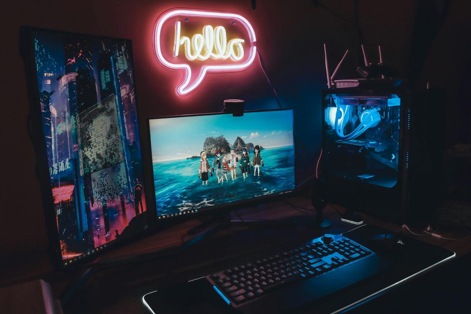 Modern gaming setup with multiple monitors and streaming equipment for content creation