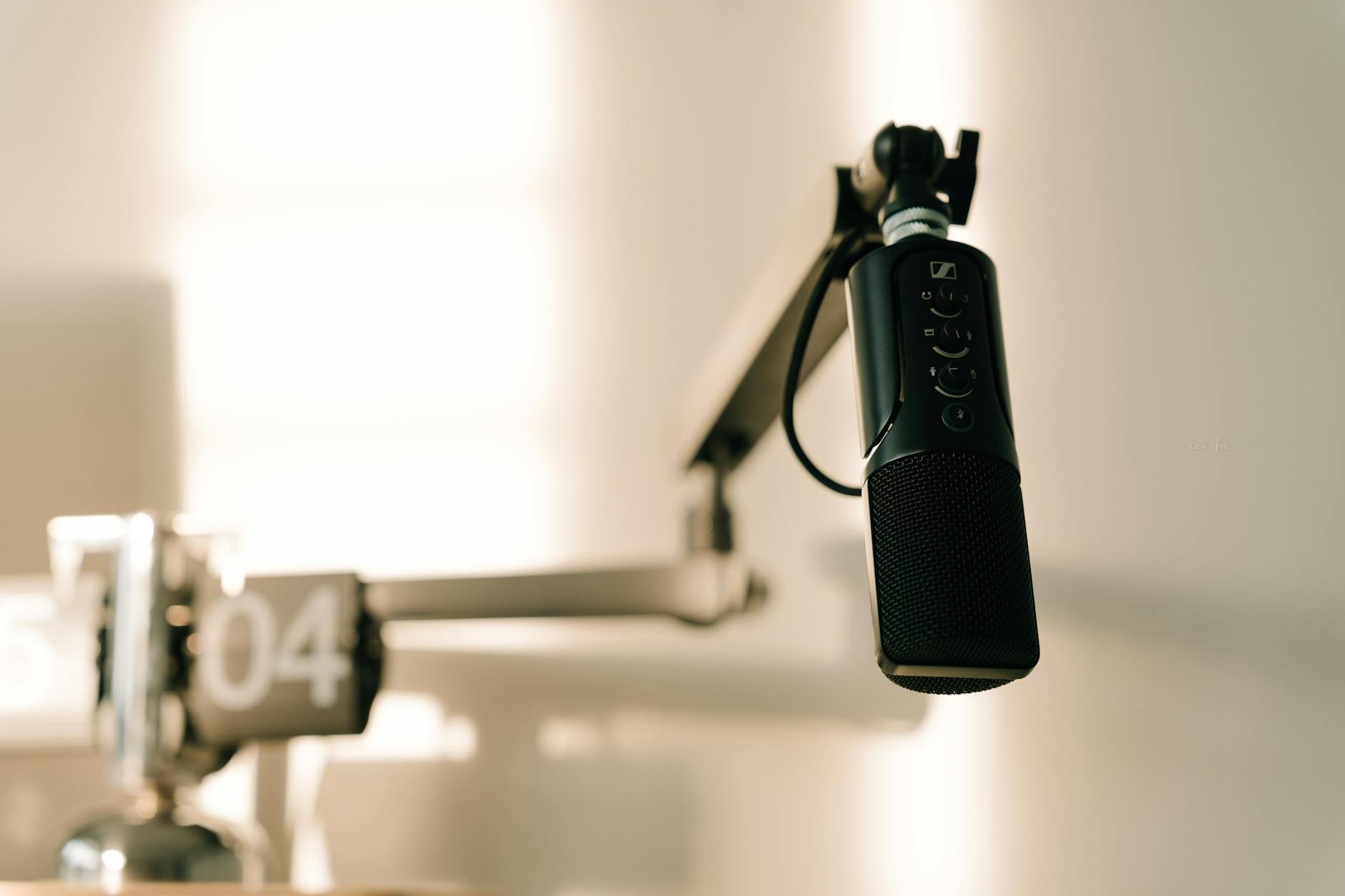 Professional podcast microphone in recording studio setup