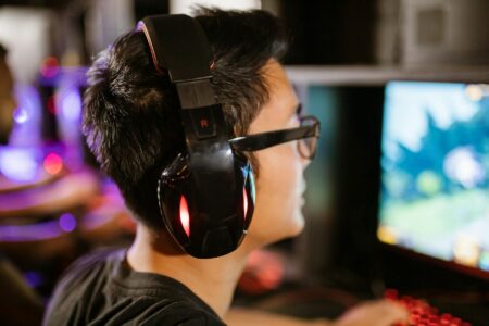 Professional gaming headset on desk for spatial audio communication