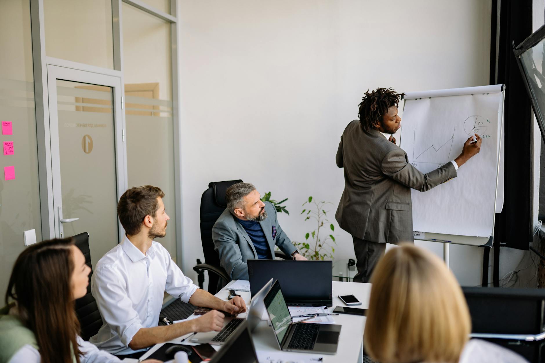 Corporate executives reviewing data and presentations in a modern conference room