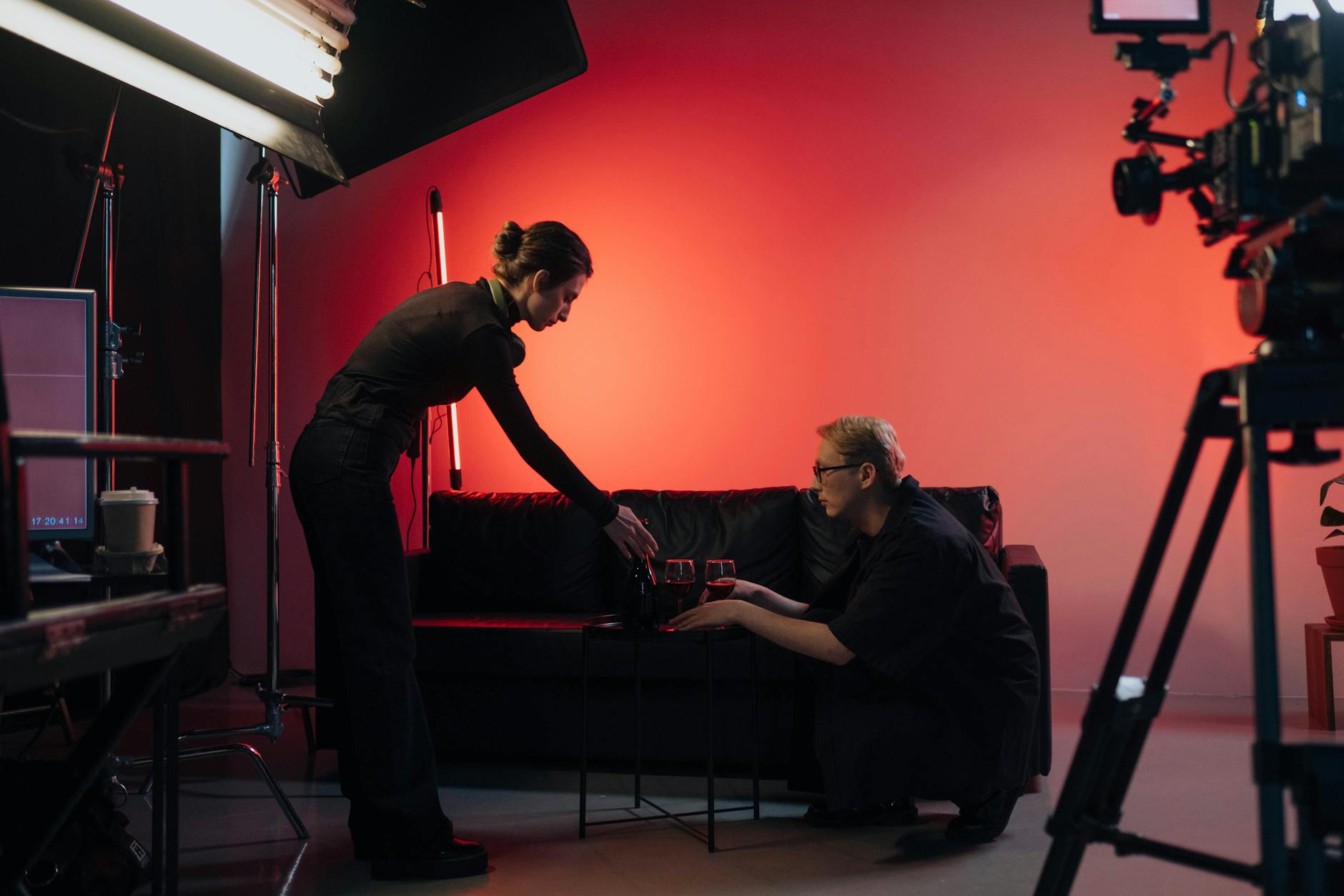 Modern film studio production set with professional lighting and camera equipment
