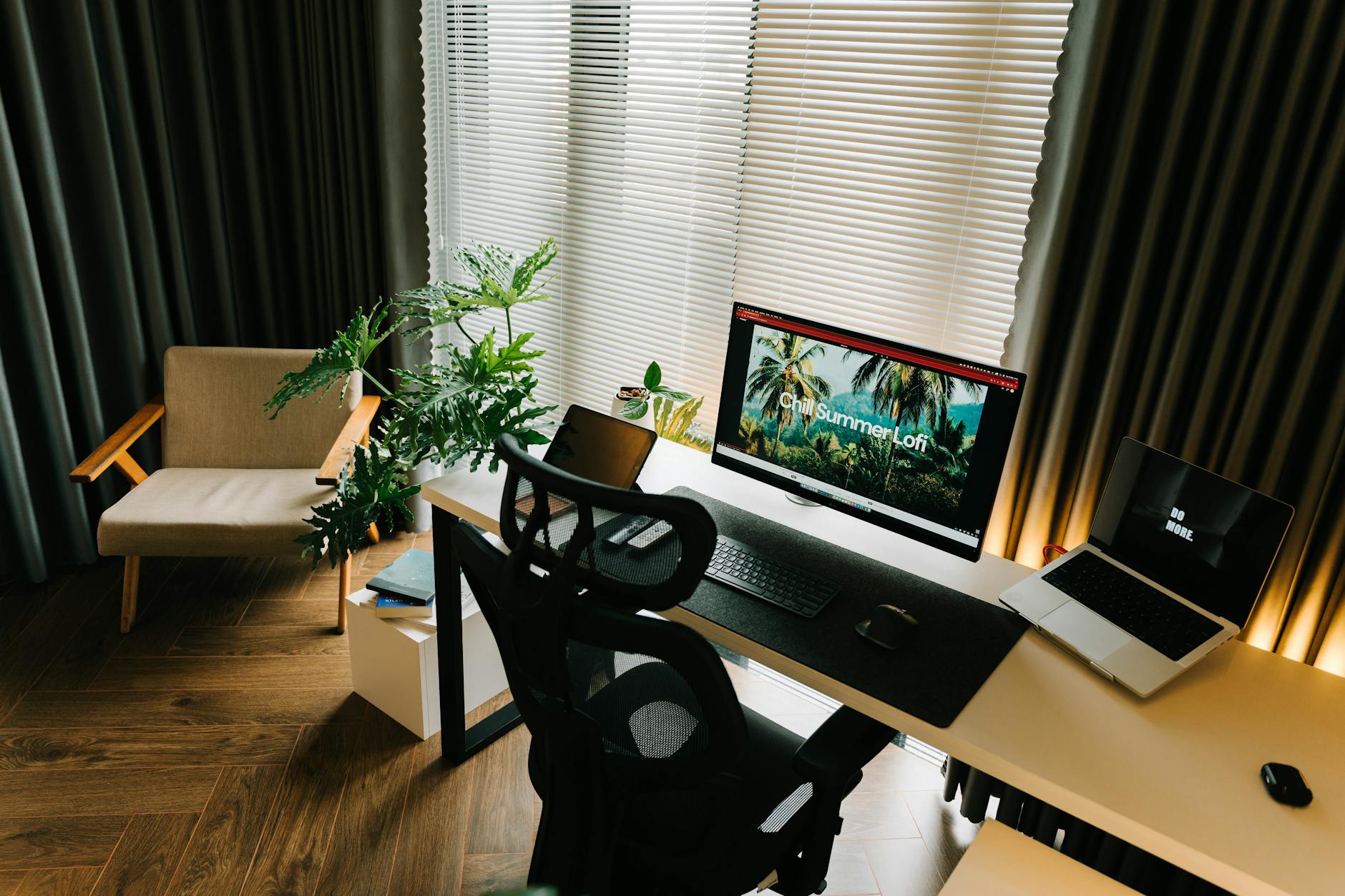 Organized home office workspace with laptop and accessories