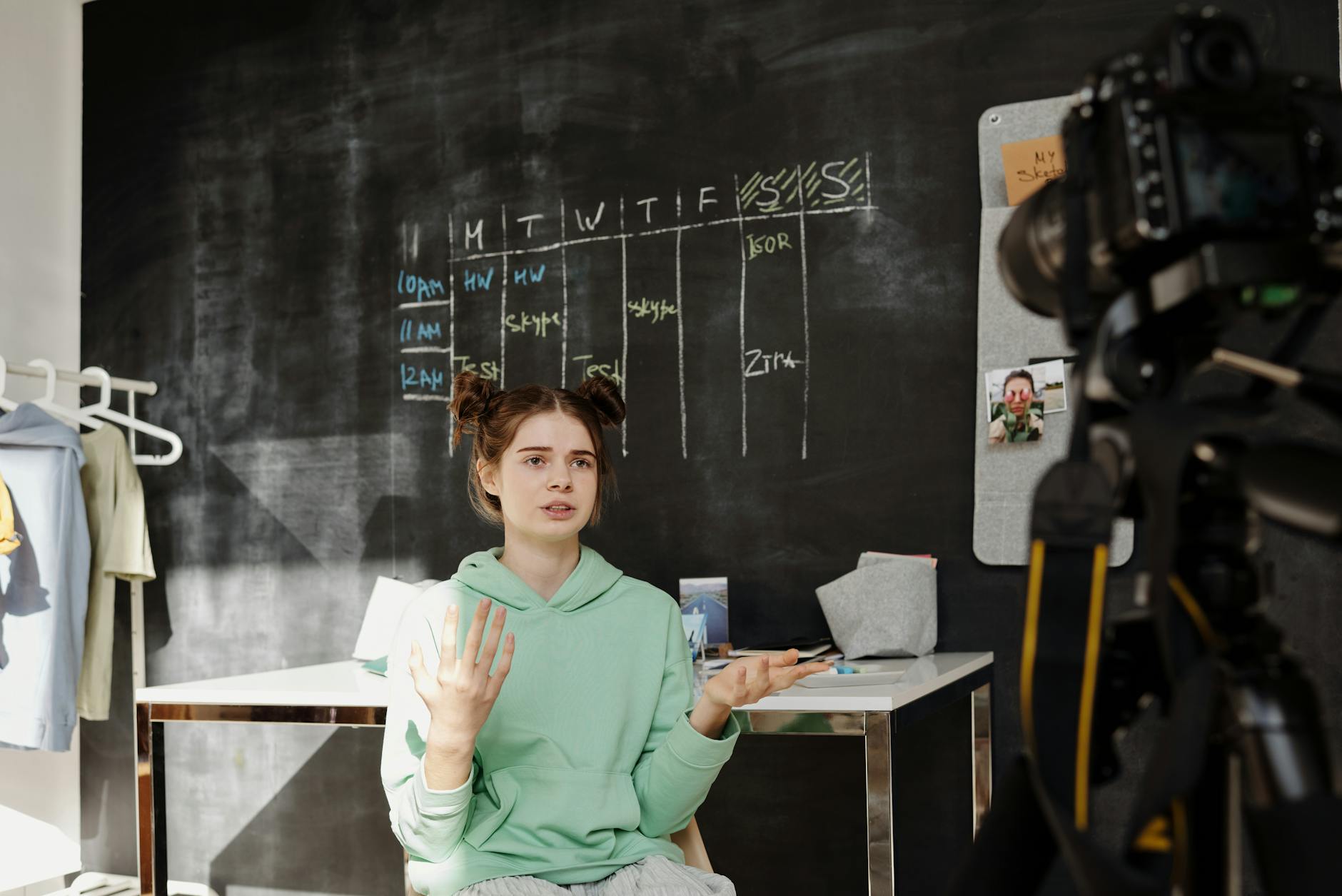 Modern content creation studio setup with lighting equipment and camera for video production