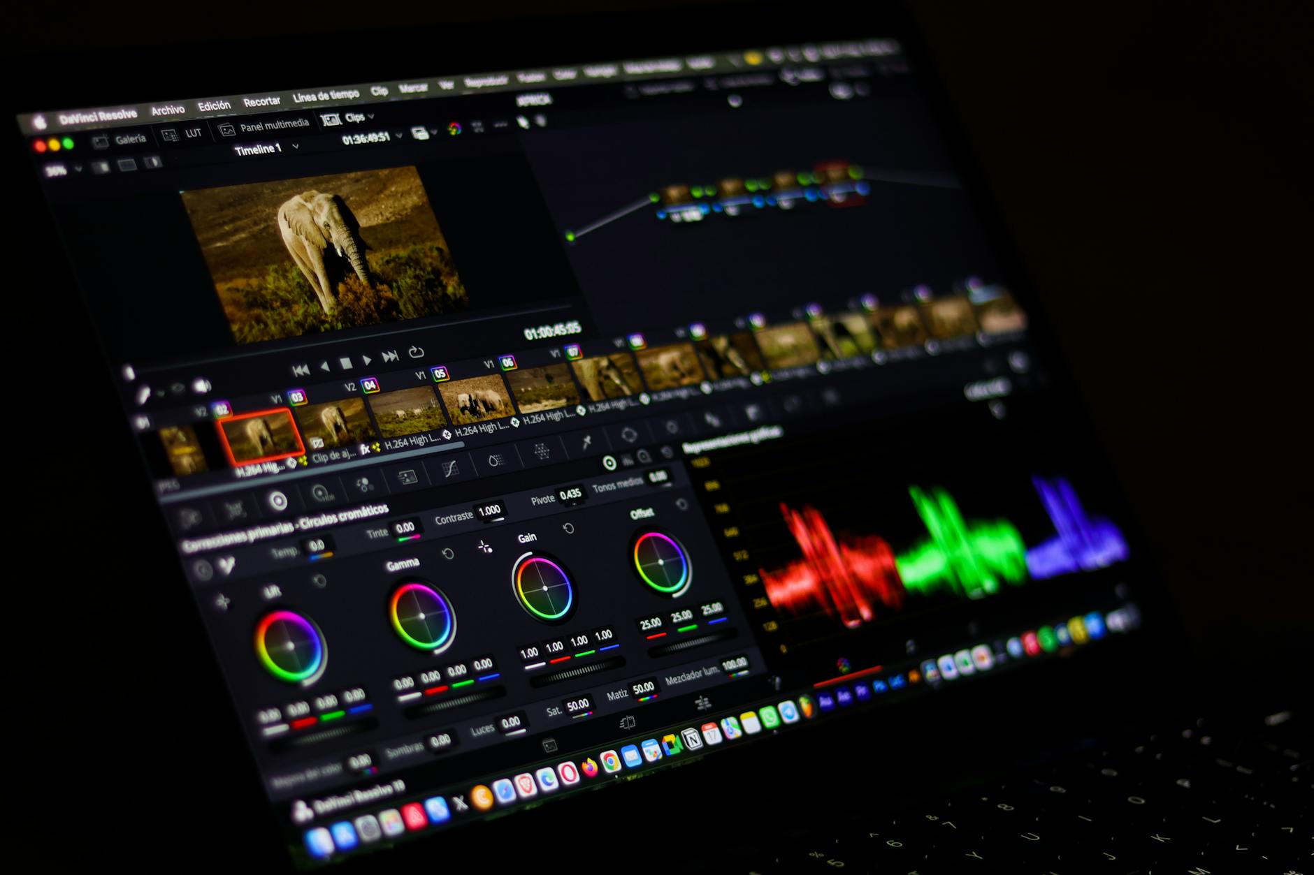 Computer screen showing video editing software with timeline, clips, and editing tools visible