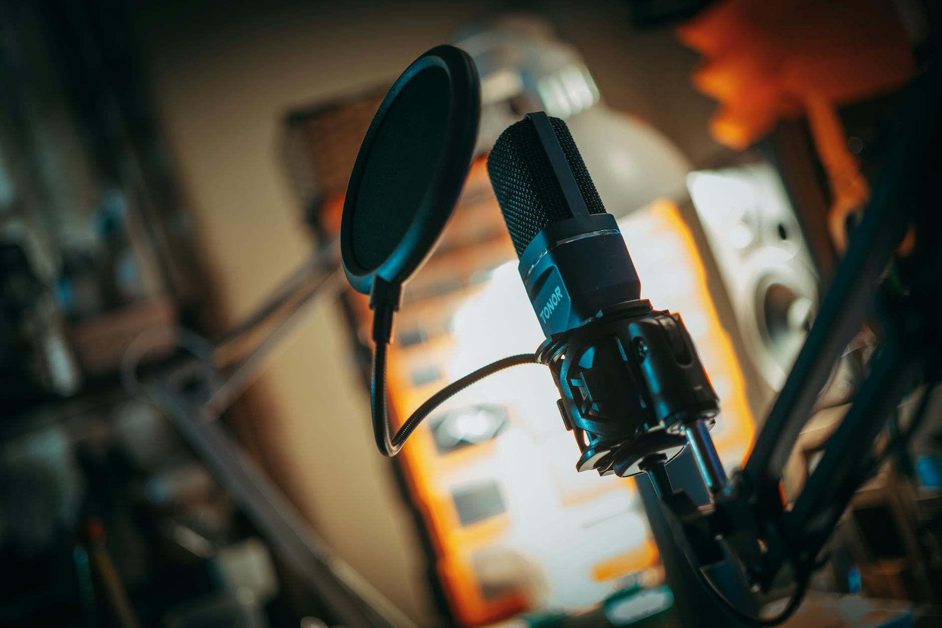 Audio recording setup with microphone and sound equipment