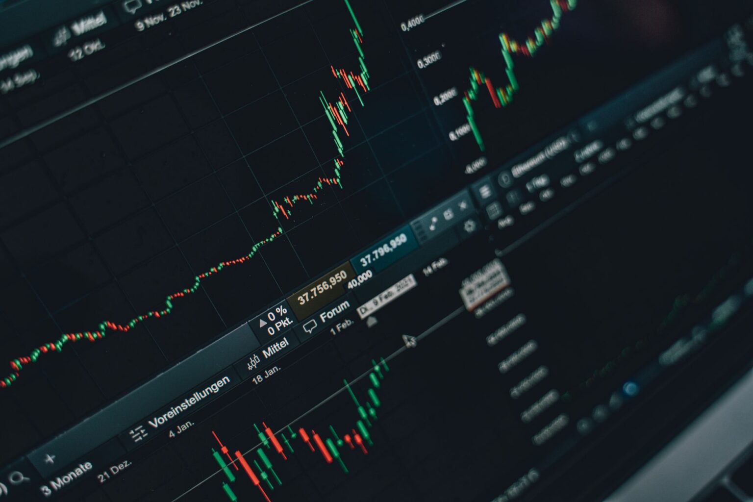 Trader monitors showing stock market data and fintech company valuations