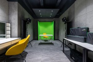 A professional video production studio setup representing corporate video creation tools