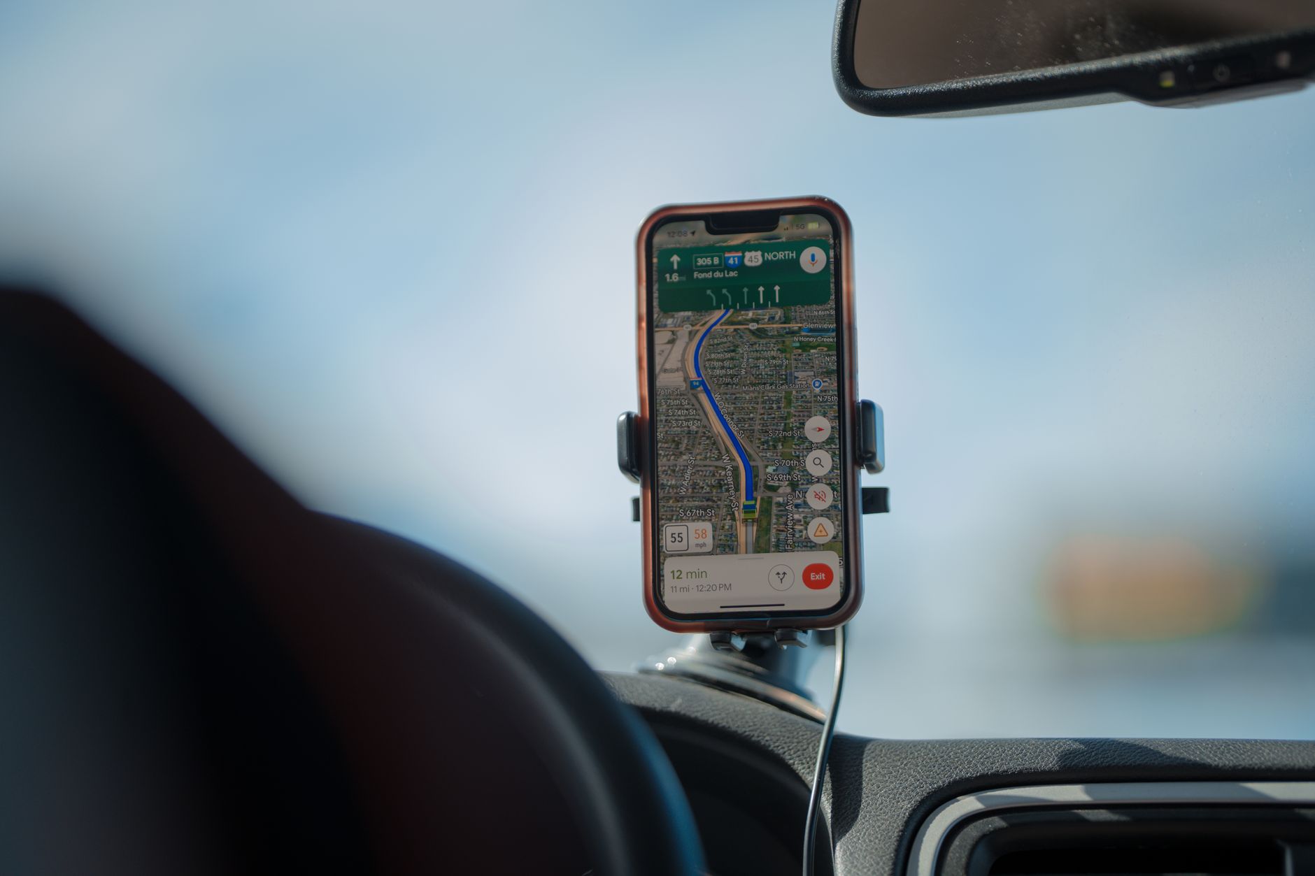 Close-up of a smartphone displaying a digital map navigation application