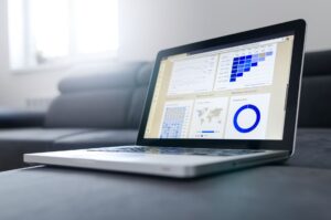 A sales dashboard displayed on a computer monitor showing contact and analytics data
