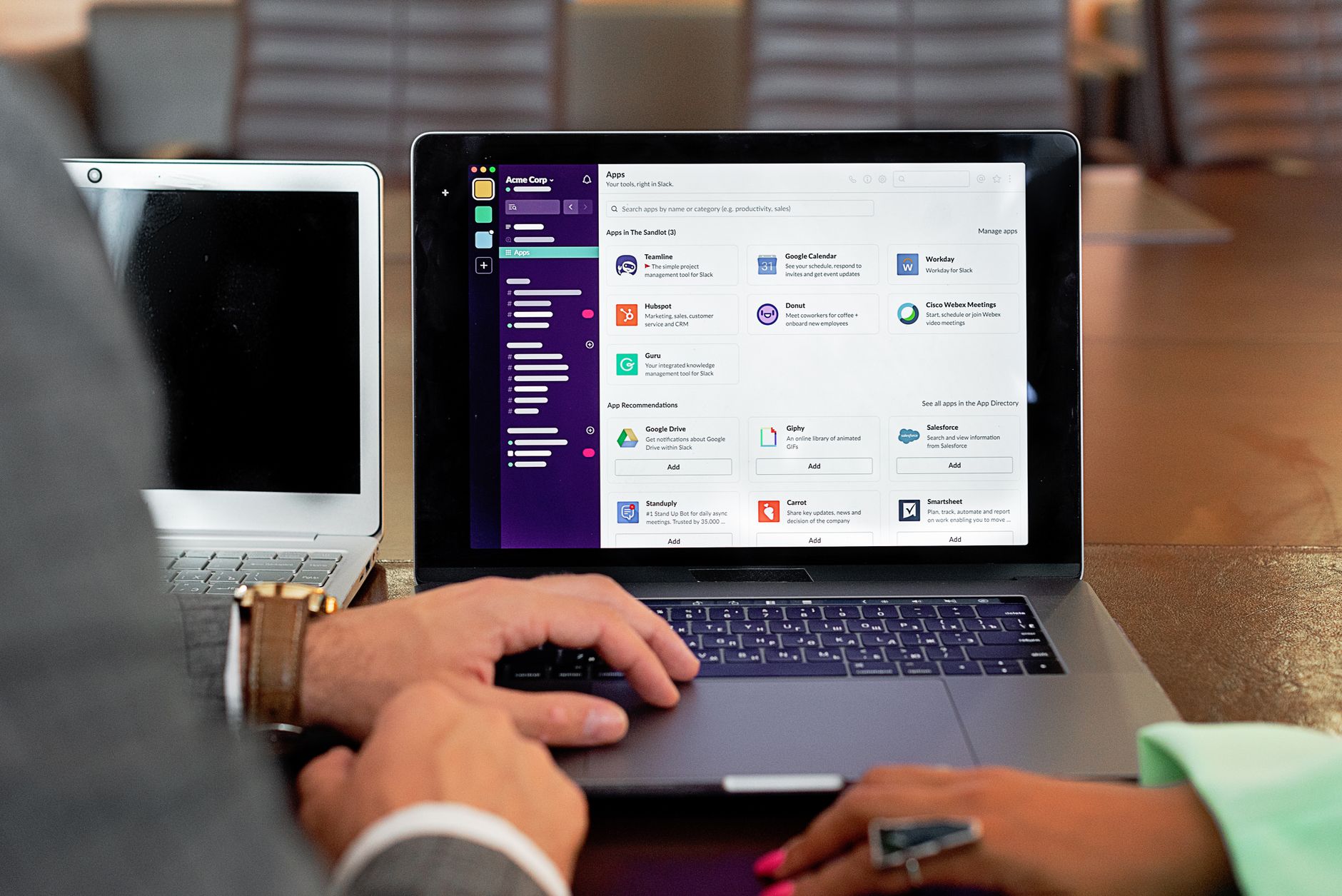 A close-up of a business software interface showing workflow automation tools on a laptop screen