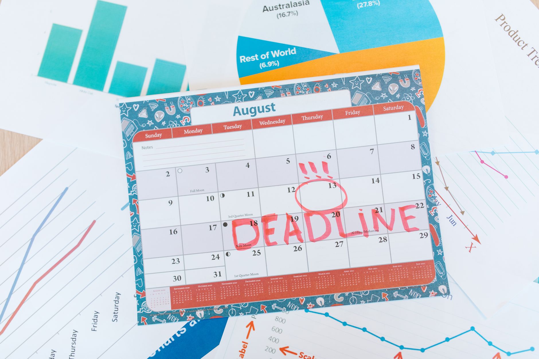 A organized desk setup with a calendar and productivity tools for planning