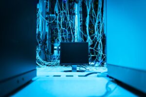 Rows of servers in a data center representing AI inference infrastructure