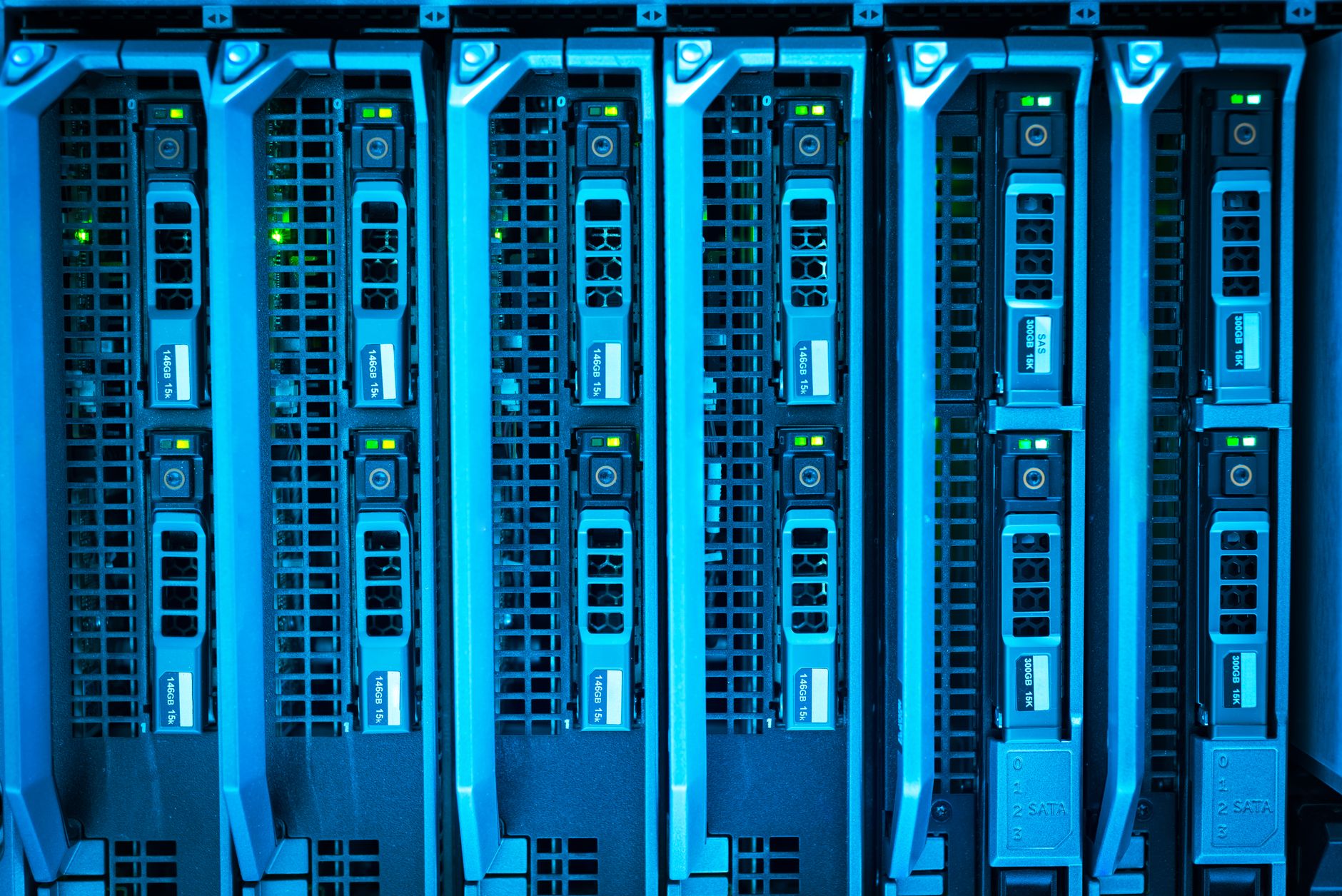 Server room with glowing blue lights representing digital security infrastructure