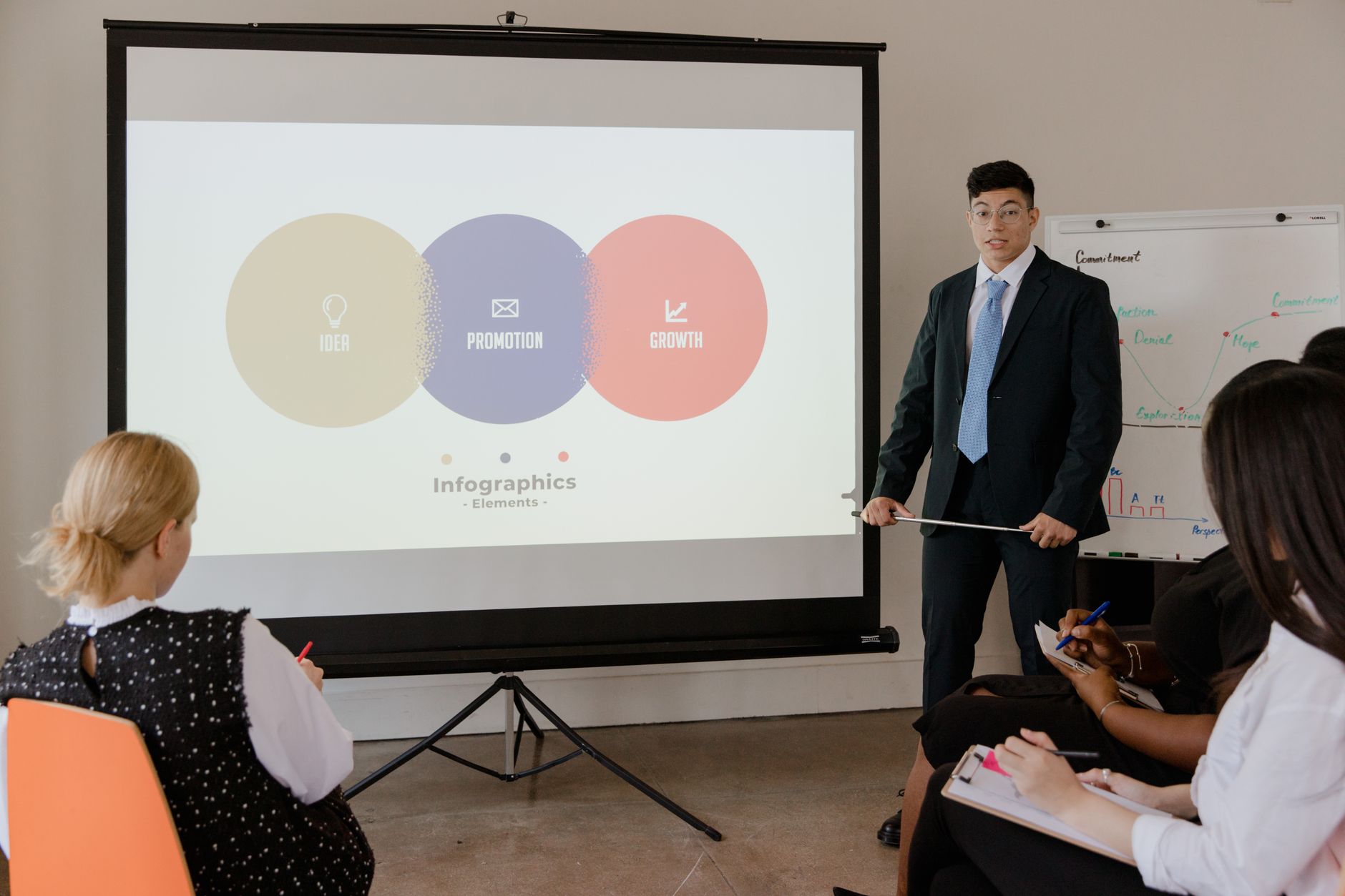 Professional presenting slides on a large screen in a modern office setting